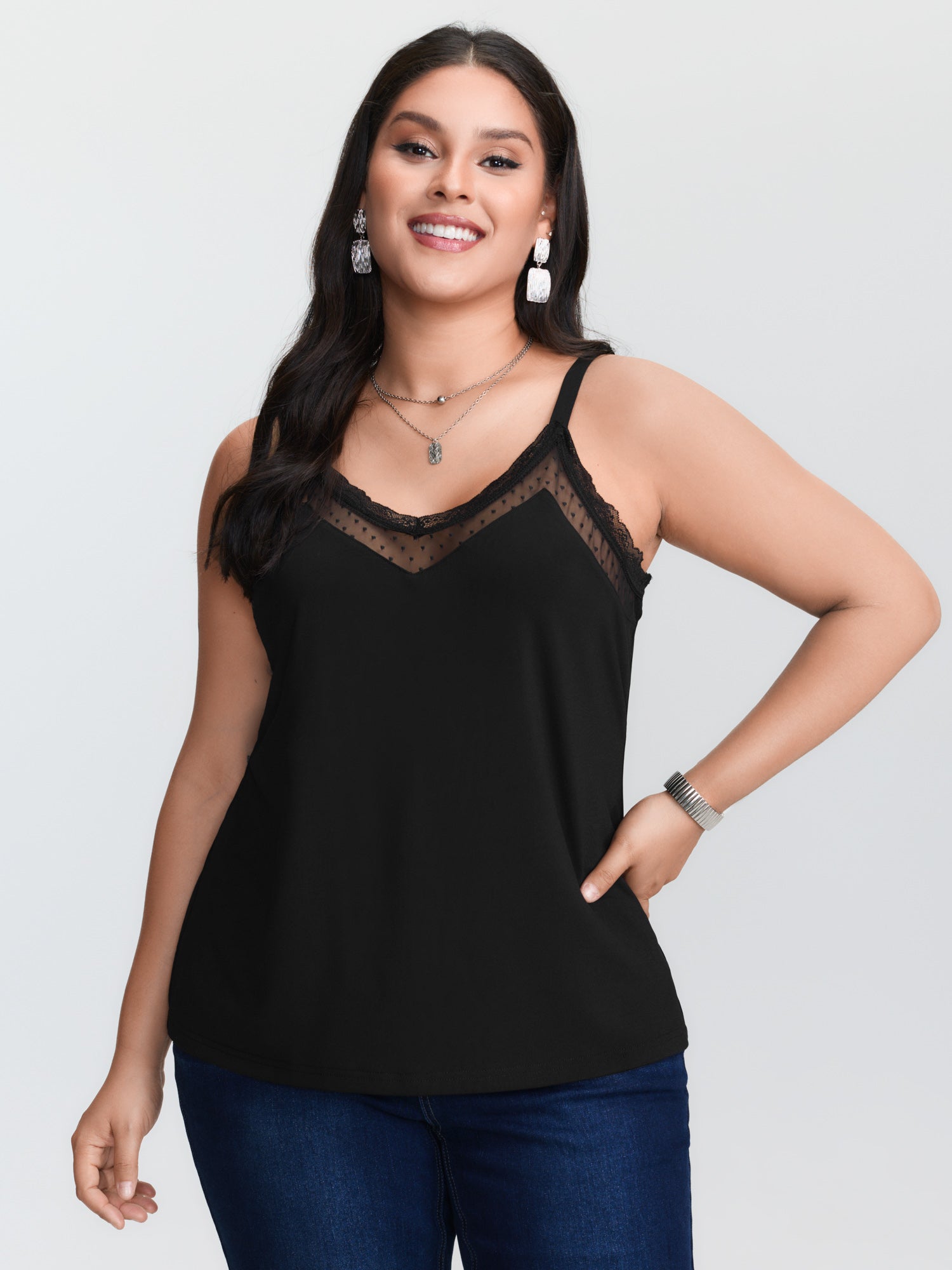Lace Trim Cami - Atasan tanpa lengan rajut berwarna hitam